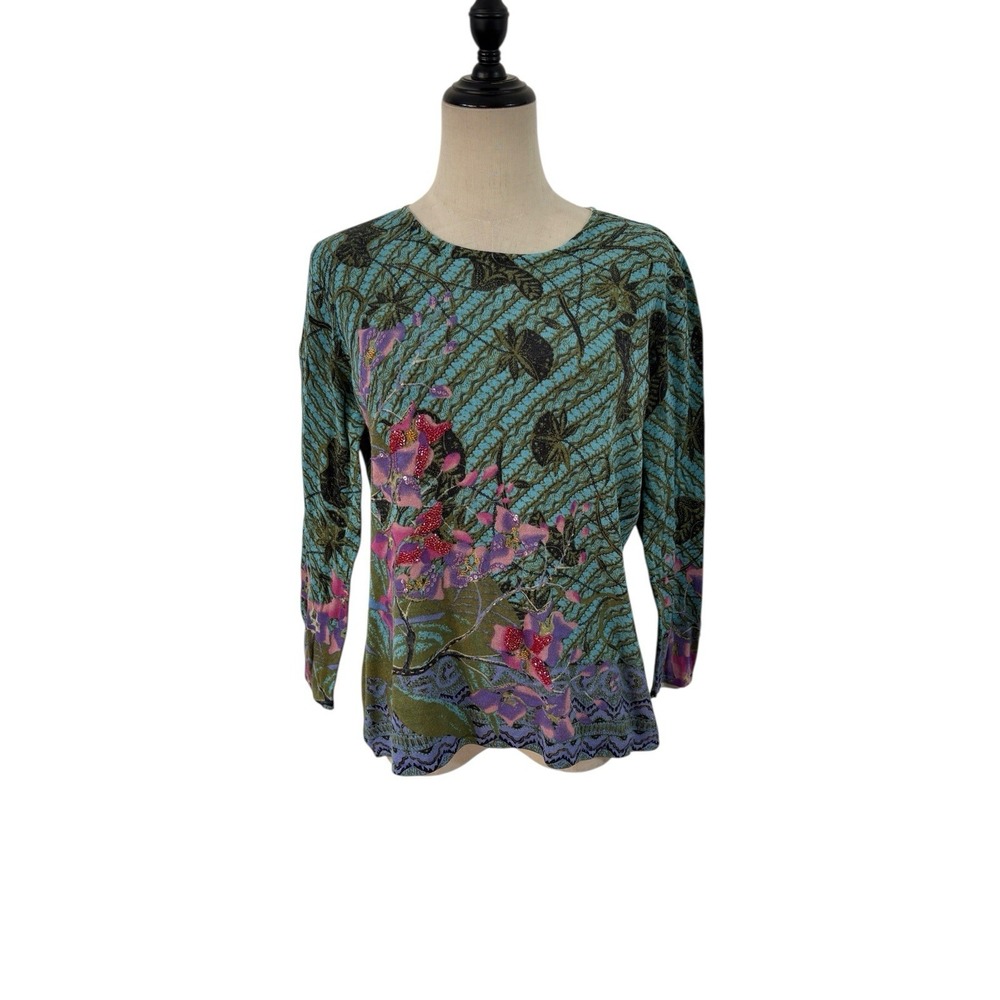 Vtg 90s Nancy Bolen Silk Knit Top Beaded Sz M Art To Wear Floral Y2K
